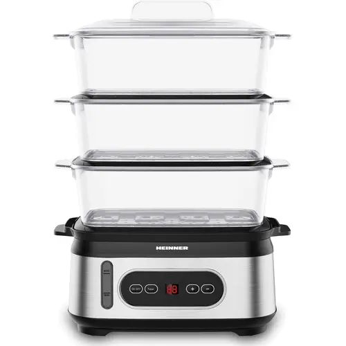 Aparat de gatit cu aburi Heinner HSA-D950SS, 800-950 W, display LED, 9L, 1.5L, Trei vase pentru gatire BPA free, Temporizator 60 min, Indicator luminos, Protectie impotriva functionarii fara apa, Cablu alimentare, Insertii inox (Negru/Argintiu)