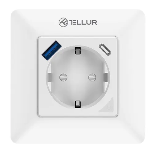 Priza de perete inteligenta Tellur Smart TLL331531, 3600W, 16A, 1xPD20W, 1xUSB QC3.0 18W, monitorizare consum, protectie pentru copii si supratensiune, Alb