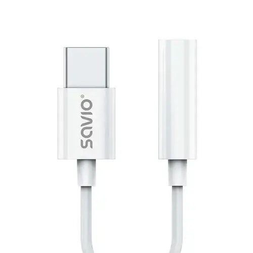 Adaptor audio USB Tip C la Mini Jack 3.5mm Savio AK-51, pentru Xiaomi, Huawei, Oppo, Alb