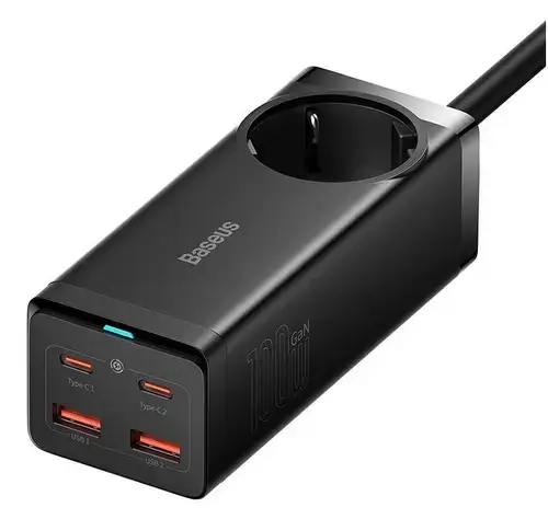 Incarcator Retea Baseus GaN3 Pro Powerstrip, Quick Charge 100W, 1 x AC, 2 x USB Type-C Output 5V/3A, 2 x USB, cablu USB Type-C la USB Type-C 100W lungime 1m, PSZM000401 (Negru)