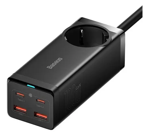 Incarcator Retea Baseus GaN3 Pro Powerstrip, Quick Charge 100W, 1 x AC, 2 x USB Type-C Output 5V/3A, 2 x USB, cablu USB Type-C la USB Type-C 100W lungime 1m, PSZM000401 (Negru)
