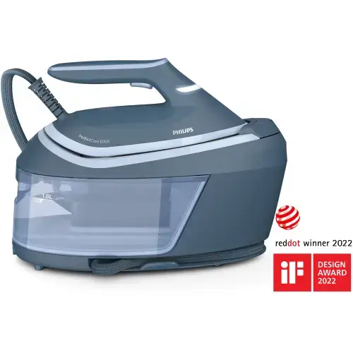 Statie de calcat cu abur Philips PerfectCare seria 6000 PSG6042/20, 2400 W,  8 bar, Debit de abur 130 g/min,  1.8 L, OptimalTemp, Smart CalcClean, Talpa SteamGlide Advanced, ASO (Albastru)