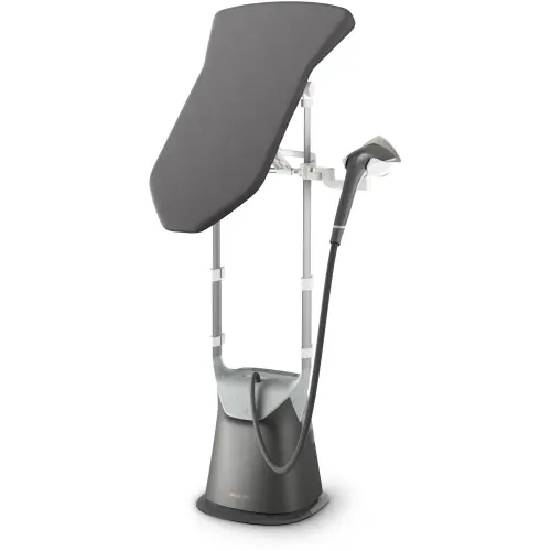 Aparat de călcat vertical Philips AiO Seria 8000 GC628/80, 2200W, Tehnologie de incalzire dubla, 6 bar, Boost de abur 90 g, 5 setari de abur + ECO (Negru/Gri)