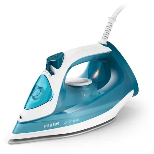 Fier de calcat Philips DST3011/20 seria 3000, 2100 W, Talpa ceramica, Abur 30 g/min, Jet de abur 140 g, Capacitate rezervor 300ml, Anticalcar, Sistem anti picurare (Alb/ Albastru)