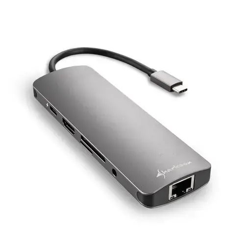 Hub USB-C Sharkoon, 3 x USB 3.0, Ethernet, Stereo Jack, MicroSD, HDMI, USB Type-C (Gri)