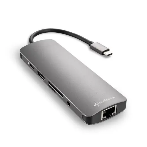 Hub USB-C Sharkoon, 3 x USB 3.0, Ethernet, Stereo Jack, MicroSD, HDMI, USB Type-C (Gri)