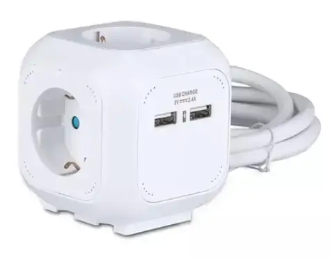 Prelungitor in forma de cub V-TAC SKU-8800, 3 x 1.5 mm2, 4 cai, 2 socluri USB de incarcare, curent maxim de 2.1 A (Alb)