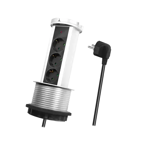 Prelungitor incastrat pup-up LogiLink LPS235A, 3 prize, mecanism ridicare/coborare, indicator LED, H05VV-F 3G 1.5 mm², cordon 1.8 m, Argintiu/Negru/Alb