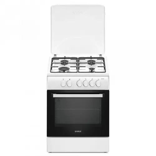 Aragaz Samus SM664ANS, 4 Arzatoare gaz, Cuptor pe gaz, Timer, Sigurante plita si cuptor, Alb