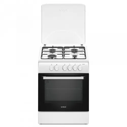 Aragaz Samus SM664ANS, 4 Arzatoare gaz, Cuptor pe gaz, Timer, Sigurante plita si cuptor, Alb