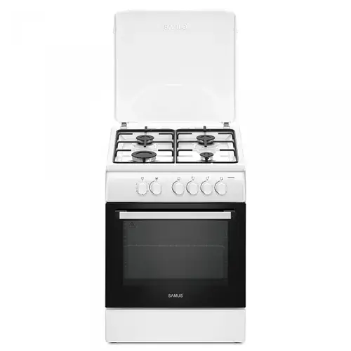 Aragaz Samus SM664ABS, 4 Arzatoare gaz, Cuptor gaz, Timer, Sigurante plite si cuptor, Alb