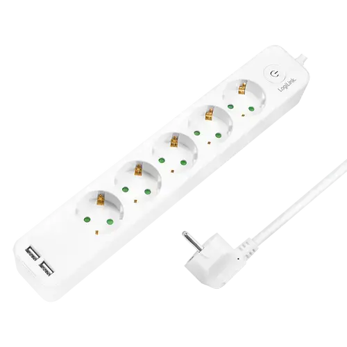 Prelungitor LogiLink LPS249U, cu intrerupator iluminat, 5 prize, 2xUSB 5 V/2.1 A 10.5 W, IP20, H05VV-F 3G 1.5 mm², cordon 1.5m, Alb