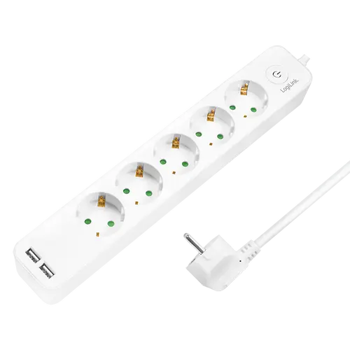 Prelungitor LogiLink LPS249U, cu intrerupator iluminat, 5 prize, 2xUSB 5 V/2.1 A 10.5 W, IP20, H05VV-F 3G 1.5 mm², cordon 1.5m, Alb