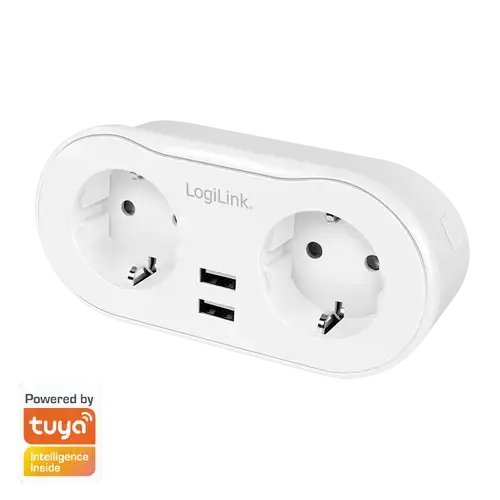 Priza inteligenta LogiLink SH0102, Wi-Fi, 2 prize, 2x USB-A 5 V/2.4 A (max. 12 W), protectie supracurent/supratensiune, IP20 compatibil Tuya, Alb