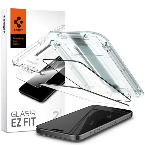 Folie de protectie Ecran Spigen EZ FIT pentru Apple iPhone 15 Pro Max, Sticla Securizata, Full Glue, Set 2 bucati, 2.5D, Case Friendly, Neagra AGL06873