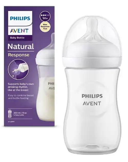Biberon Philips Avent Natural Response SCY903/01, 260 ml, Debit 3, Tetina fara scurgeri, +1 luni, Fara BPA (Alb/Transparent)