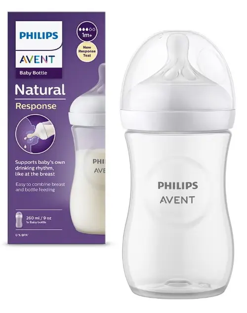 Biberon Philips Avent Natural Response SCY903/01, 260 ml, Debit 3, Tetina fara scurgeri, +1 luni, Fara BPA (Alb/Transparent)