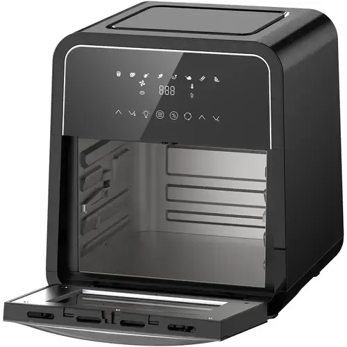Friteuza cu aer cald Heinner Masterfry HAF-B12BK2000, 2000w, functie cuptor, capacitate: 12l, display digital cu control touch, timer 60 min, deshidratare 24h, temperatura 30-200 grade, 8 programe presetate, 3 nivele de gatire, oprire automata, Negru