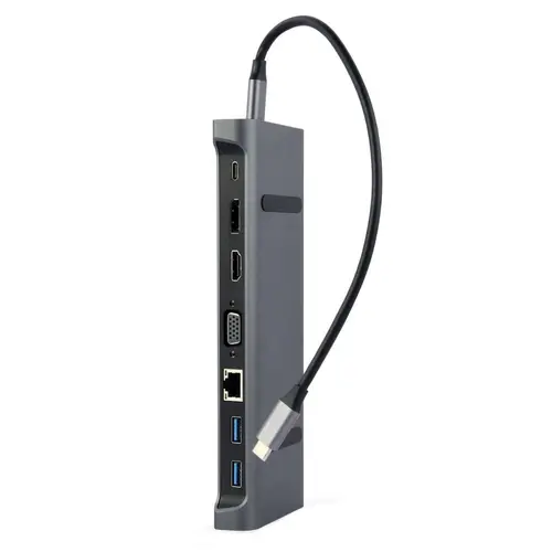 HUB USB Gembird 9-in-1 A-CM-COMBO9-02, USB Type C, HDMI + DisplayPort + VGA + PD + LAN + stereo audio (Gri)