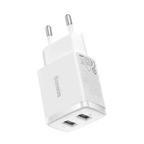 Incarcator retea Compact 2U, Baseus, 2x USB-A 10.5W 2A (Alb)