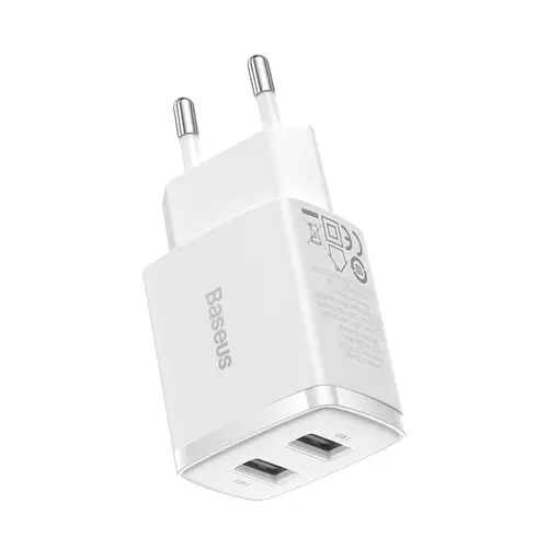 Incarcator retea Compact 2U, Baseus, 2x USB-A 10.5W 2A (Alb)