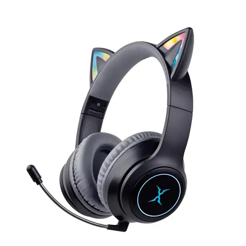 Casti gaming wireless FoxXray HAB-10 DazzleCat BK, pliabile, urechi de pisica iluminate RGB, Negru