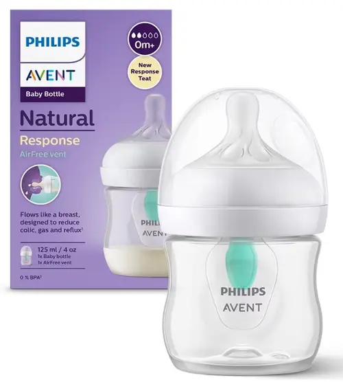 Biberon Philips Avent Natural Response SCY670/01, Dispozitiv anticolici AirFree, 125 ml, +0 luni, Fara BPA (Alb/Transparent)