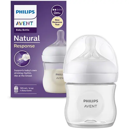 Biberon Philips Avent Natural Response SCY900/01, 125 ml, tetina care functioneaza ca sanul mamei, cu debit 2, tetina fara scurgeri, +0 luni, fara BPA, usor de curatat