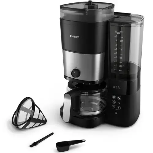 Cafetiera Philips HD7900/50 All-in-1 Brew, rasnita integrata, Recipient dublu pentru boabe de cafea, Filtru permanent, Functie anti-picurare, Afisaj LED, Rezervor de apa detasabil, Lingura de dozare (Negru)