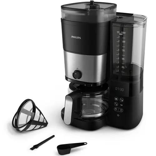 Cafetiera Philips HD7900/50 All-in-1 Brew, rasnita integrata, Recipient dublu pentru boabe de cafea, Filtru permanent, Functie anti-picurare, Afisaj LED, Rezervor de apa detasabil, Lingura de dozare (Negru)