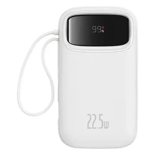 Acumulator extern Baseus Qpow2, 10.000 mAh, cablu dual USB-C si Lightning incorporat, Incarcare rapida, 22.5W, Digital Display (Alb)