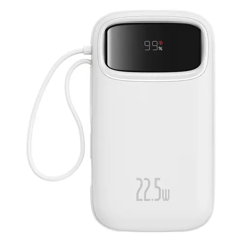 Acumulator extern Baseus Qpow2, 10.000 mAh, cablu dual USB-C si Lightning incorporat, Incarcare rapida, 22.5W, Digital Display (Alb)