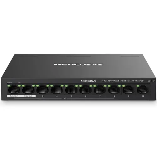 Switch PoE Desktop Mercusys MS110GP, 10 porturi 10/100Mbps (dintre care 8 porturi PoE+) , carcasa metalica (Negru)