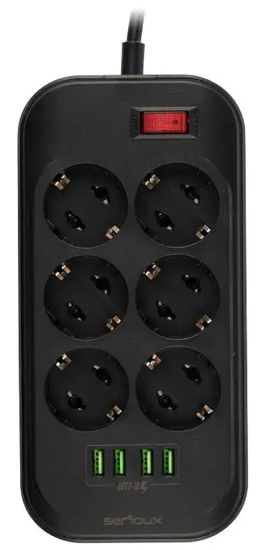 Prelungitor cu protectie Serioux SRXP-PS66B, 6 prize schuko, 4 porturi USB (5V- 3.1A)