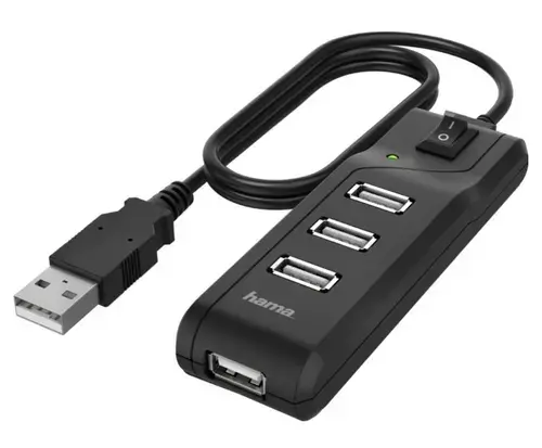 Hub USB Hama 200118, 4 x USB 2.0, 480 Mbit/s, comutator pornit/oprit (Negru)