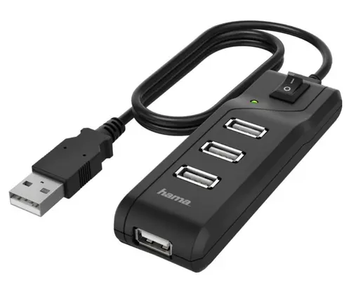 Hub USB Hama 200118, 4 x USB 2.0, 480 Mbit/s, comutator pornit/oprit (Negru)