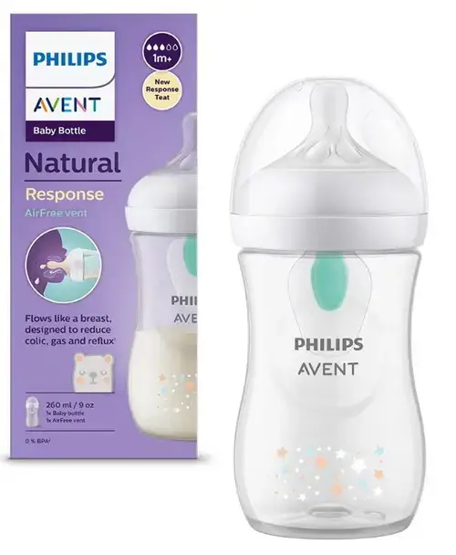Biberon Philips Avent Natural Response SCY673/82, Dispozitiv AirFree, 260 ml, +1 luni, Fara BPA, usor de curatat (Alb/Transparent)