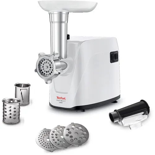 Masina de tocat carne Tefal HV1 NE114130, 1600W, 1.9 kg/ min, accesoriu pentru rosii, functie reverse, Alb