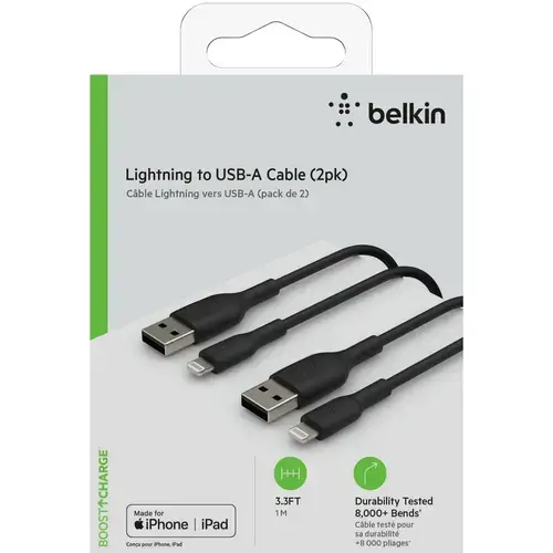 Cablu Belkin BOOST CHARGE USB-A catre Lightning, PVC, 1M (Pachet de 2 bucati), Negru