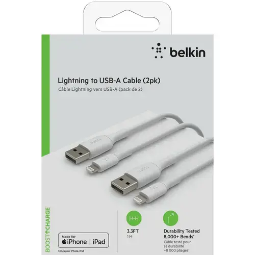 Cablu Belkin BOOST CHARGE USB-A catre Lightning, PVC, 1M (Pachet de 2 bucati), Alb