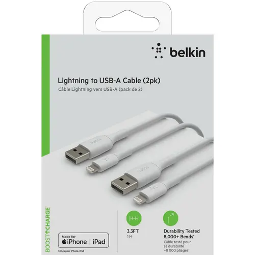 Cablu Belkin BOOST CHARGE USB-A catre Lightning, PVC, 1M (Pachet de 2 bucati), Alb