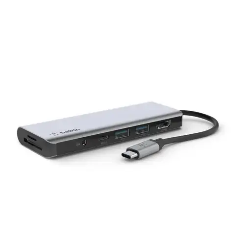 Hub USB Belkin AVC009btSGY, 2 x USB 3.0, 1 x USB Type-C, 1 x HDMI, Audio Combo, Card SD (Gri)