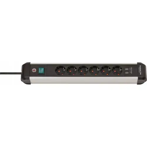 Prelungitor 6 prize Brennenstuhl, cablu 3 metri, 2xUSB 3.1A, aluminiu, Premium-line (Negru/Alb)