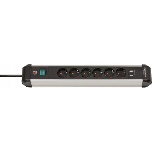 Prelungitor 6 prize Brennenstuhl, cablu 3 metri, 2xUSB 3.1A, aluminiu, Premium-line (Negru/Alb)
