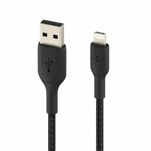 Cablu de date Belkin BOOST CHARGE, USB-A la Lightning, Impletit, 0,15m  (Negru)