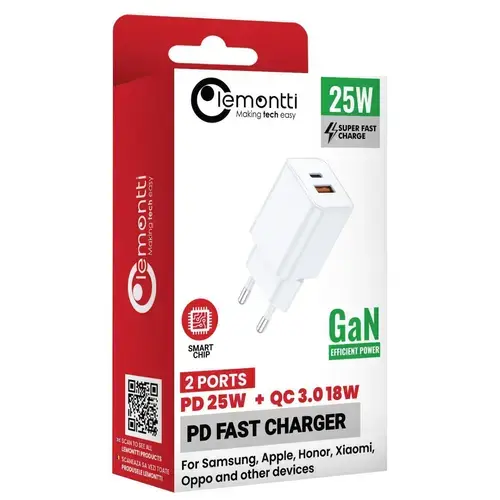 Incarcator Retea Lemontti GaN Dual Port 1x Type-C si 1x USB-A, 25W, EU Plug, Alb