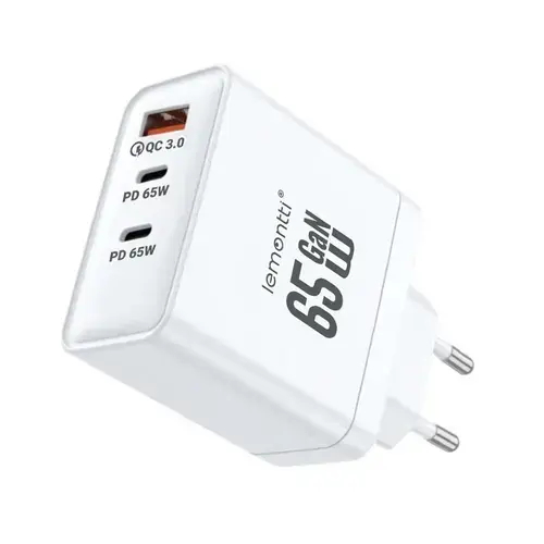 Incarcator Retea Lemontti GaN 2x Type-C si 1x USB-A, 65W, Fast Charge, EU Plug, Alb