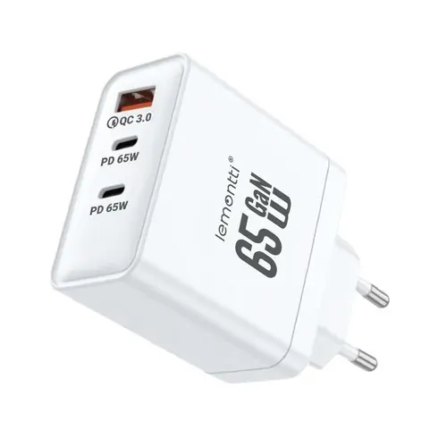 Incarcator Retea Lemontti GaN 2x Type-C si 1x USB-A, 65W, Fast Charge, EU Plug, Alb