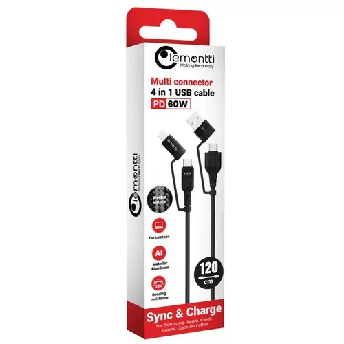 Cablu de date Lemontti LEMCF4IN1PDN, Multi-connector 4 in 1, USB-A & Type-C la Type-C & Lightning, PD, 1.2m, Negru