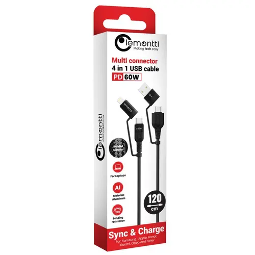 Cablu de date Lemontti LEMCF4IN1PDN, Multi-connector 4 in 1, USB-A & Type-C la Type-C & Lightning, PD, 1.2m, Negru